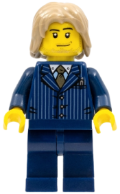 LEGO Businessman - Pinstripe Jacket and Gold Tie, Dark Blue Legs, Dark Tan Mid-Length Tousled Hair, Smirk and Stubble minifigure