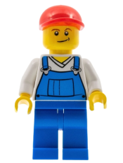 LEGO Overalls Blue over V-Neck Shirt, Blue Legs, Red Short Bill Cap, Crooked Smile minifigure