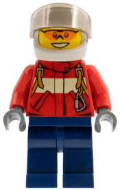 LEGO Fire - Pilot Male, Red Fire Suit with Carabiner, Dark Blue Legs, White Helmet, Trans-Black Visor, Orange Safety Glasses minifigure