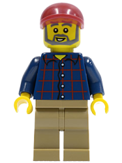 LEGO Plaid Button Shirt, Dark Tan Legs, Dark Red Short Bill Cap, Dark Bluish Gray Beard and Eyebrows minifigure