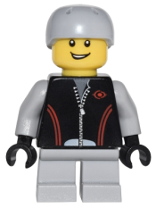 LEGO Leather Jacket with Zipper, Red Lines and Logo Pattern, Light Bluish Gray Short Legs, Light Bluish Gray Sports Helmet minifigure