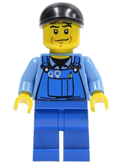 LEGO Overalls with Tools in Pocket Blue, Black Short Bill Cap, Chin Dimple minifigure