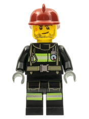 LEGO Fire - Reflective Stripes with Utility Belt, Dark Red Fire Helmet, Crooked Smile and Scar minifigure