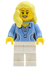 LEGO Medium Blue Female Shirt with Two Buttons and Shell Pendant, White Legs, Bright Light Yellow Female Hair over Shoulder minifigure