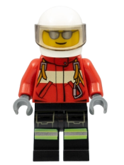 LEGO Fire - Pilot Male, Red Fire Suit with Carabiner, Reflective Stripes on Black Legs, White Helmet, Silver Sunglasses minifigure