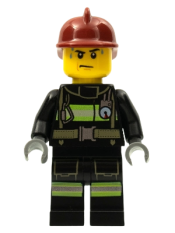 LEGO Fire - Reflective Stripes with Utility Belt, Dark Red Fire Helmet, Sweat Drops minifigure