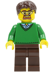 LEGO Green V-Neck Sweater, Dark Brown Legs, Dark Brown Short Tousled Hair, Safety Goggles minifigure