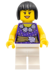 LEGO Female Dark Purple Blouse with Gold Sash and Flowers, White Legs, Black Bob Cut Hair minifigure