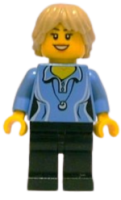 LEGO Medium Blue Female Shirt with Two Buttons and Shell Pendant, Black Legs, Tan Tousled and Layered Hair minifigure