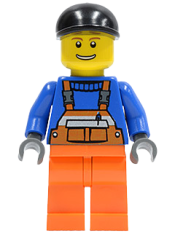 LEGO Overalls with Safety Stripe Orange, Orange Legs, Black Short Bill Cap, Brown Eyebrows and Open Smile minifigure