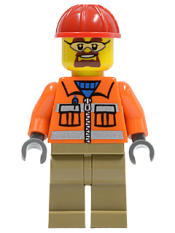 LEGO Construction Worker - Orange Zipper, Safety Stripes, Orange Arms, Dark Tan Legs, Red Construction Helmet, Safety Goggles minifigure