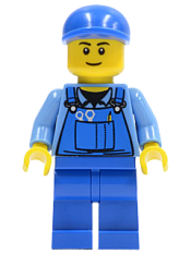 LEGO Overalls with Tools in Pocket Blue, Blue Short Bill Cap, Thin Grin minifigure