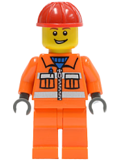 LEGO Construction Worker - Orange Zipper, Safety Stripes, Orange Arms, Orange Legs, Red Construction Helmet, Open Grin minifigure