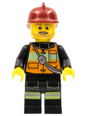 LEGO Fire - Reflective Stripes with Pockets and Shoulder Strap, Dark Red Fire Helmet, Beard Light Brown Angular minifigure