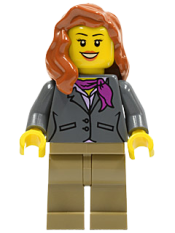 LEGO Dark Bluish Gray Jacket with Magenta Scarf, Dark Tan Legs, Dark Orange Female Hair over Shoulder minifigure