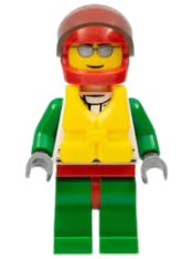 LEGO Octan - Jacket with Red and Green Stripe, Red Hips and Green Legs, Red Helmet, Trans-Black Visor, Silver Sunglasses, Life Jacket Center Buckle minifigure