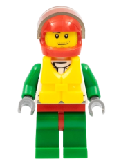 LEGO Octan - Jacket with Red and Green Stripe, Red Hips and Green Legs, Red Helmet, Trans-Black Visor, Smirk and Stubble Beard, Life Jacket Center Buckle minifigure