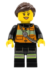 LEGO Fire - Reflective Stripe Vest with Pockets and Shoulder Strap, Dark Brown Ponytail and Swept Sideways Fringe minifigure