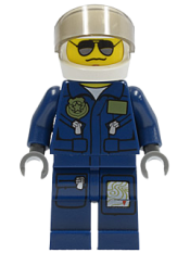 LEGO Forest Police - Helicopter Pilot, Dark Blue Flight Suit with Badge, Helmet, Black and Silver Sunglasses, NO Eyebrows minifigure