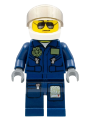 LEGO Forest Police - Helicopter Pilot, Dark Blue Flight Suit with Badge, Helmet, Black and Silver Sunglasses, Black Eyebrows minifigure