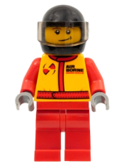 LEGO Monster Truck Driver, Race Suit with Airborne Spoilers Logo, Black Helmet with Trans-Black Visor, Crooked Smile minifigure