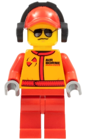 LEGO Monster Truck Mechanic, Race Suit with Airborne Spoilers Logo, Red Cap with Hole, Headphones, Black and Silver Sunglasses minifigure