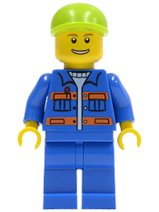 LEGO Blue Jacket with Pockets and Orange Stripes, Blue Legs, Lime Short Bill Cap, Thin Grin with Teeth minifigure