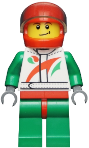 LEGO Race Car Driver, White Race Suit with Octan Logo, Red Helmet with Trans-Black Visor, Crooked Smile with Black Dimple minifigure