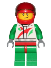 LEGO Race Car Driver, White Race Suit with Octan Logo, Red Helmet with Trans-Black Visor, Crooked Smile with Brown Dimple minifigure