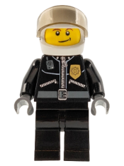 LEGO Police - City Leather Jacket with Gold Badge and 'POLICE' on Back, White Helmet, Trans-Black Visor, Crooked Smile minifigure