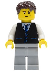 LEGO Black Vest with Blue Striped Tie, Light Bluish Gray Legs, White Arms, Dark Brown Short Tousled Hair, Crooked Smile minifigure