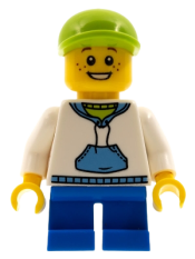 LEGO White Hoodie with Blue Pockets, Blue Short Legs, Lime Short Bill Cap minifigure