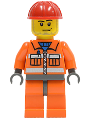 LEGO Construction Worker - Orange Zipper, Safety Stripes, Orange Arms, Orange Legs, Dark Bluish Gray Hips, Red Construction Helmet, Smirk and Stubble Beard minifigure