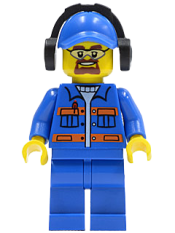 LEGO Blue Jacket with Pockets and Orange Stripes, Blue Legs, Blue Cap with Hole, Headphones, Safety Goggles minifigure