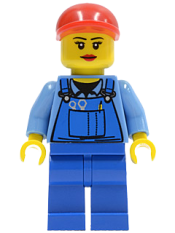 LEGO Overalls with Tools in Pocket Blue, Red Short Bill Cap, Eyelashes and Red Lips minifigure