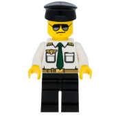 LEGO Airport - Pilot, White Shirt with Dark Green Tie and Belt, Black Legs, Black Hat minifigure