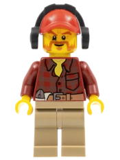 LEGO Flannel Shirt with Pocket and Belt, Dark Tan Legs, Red Cap with Hole, Headphones, Beard minifigure