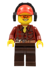 LEGO Flannel Shirt with Pocket and Belt, Dark Brown Legs, Red Cap with Hole, Headphones, Orange Safety Glasses minifigure
