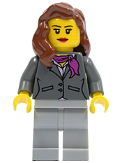 LEGO Dark Bluish Gray Jacket with Magenta Scarf, Light Bluish Gray Legs, Reddish Brown Female Hair over Shoulder, Red Lips minifigure