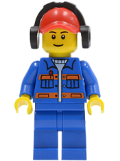 LEGO Blue Jacket with Pockets and Orange Stripes, Blue Legs, Red Cap with Hole, Headphones minifigure