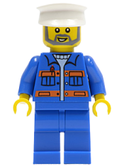 LEGO Blue Jacket with Pockets and Orange Stripes, Blue Legs, White Hat, Gray Beard minifigure