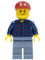 LEGO Plaid Button Shirt, Sand Blue Legs, Dark Red Short Bill Cap, Lopsided Smile with Dimple minifigure