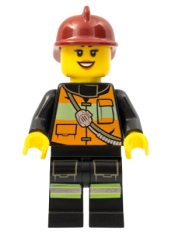 LEGO Fire - Reflective Stripe Vest with Pockets and Shoulder Strap, Dark Red Fire Helmet, Black Eyebrows minifigure