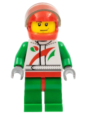 LEGO Race Car Driver, White Race Suit with Octan Logo, Red Helmet with Trans-Brown Visor, Smirk and Stubble Beard minifigure