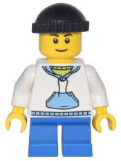 LEGO White Hoodie with Blue Pockets, Blue Short Legs, Black Knit Cap minifigure