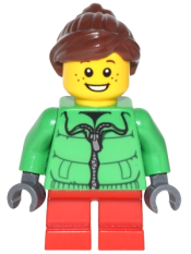 LEGO Winter Jacket Zipper, Red Short Legs, Reddish Brown Ponytail and Swept Sideways Fringe minifigure