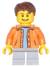 LEGO Orange Jacket with Hood over Light Blue Sweater, Light Bluish Gray Short Legs, Reddish Brown Short Tousled Hair minifigure
