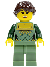 LEGO Sand Green Female Corset with Gold Trimmed Front, Sand Green Legs, Dark Brown Hair Ponytail Long French Braided minifigure