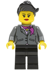 LEGO Dark Bluish Gray Jacket with Magenta Scarf, Black Legs, Top Knot Bun minifigure