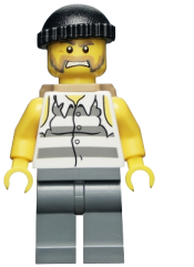 LEGO Police - Jail Prisoner Shirt with Prison Stripes and Torn out Sleeves, Dark Bluish Gray Legs, Black Knit Cap, Backpack minifigure